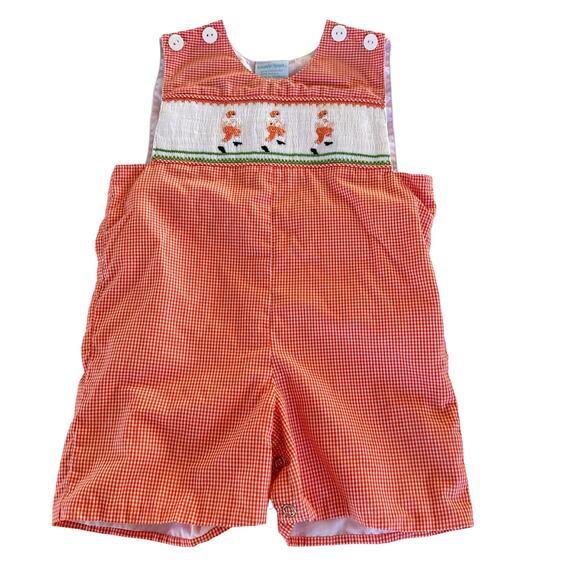 Remember Nguyen Orange Gingham Check Smocked Football Shortall -12M - Picture 1 of 6